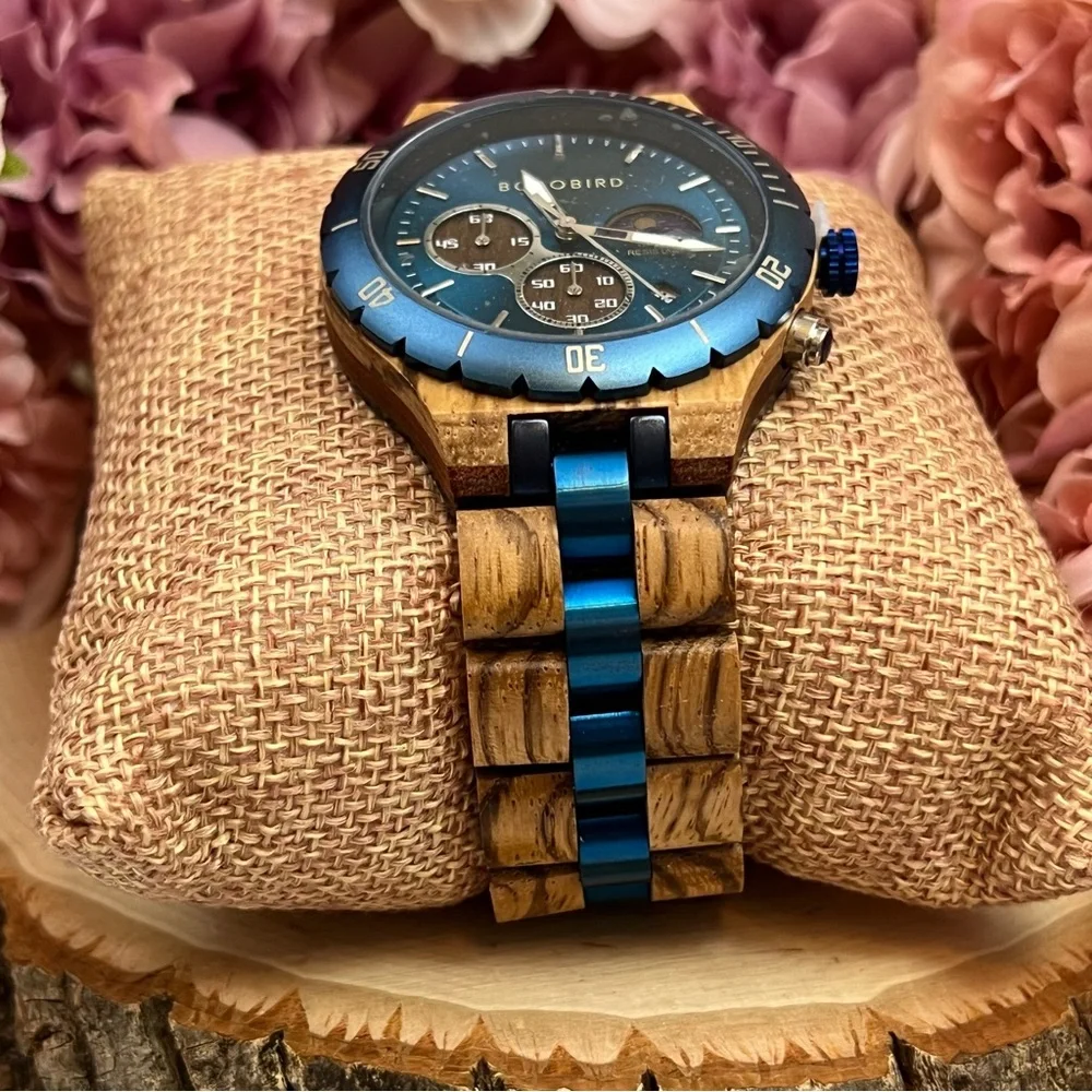 Luxury Zebra Wood Blue Chronograph Military Quartz Watch - Picture 10 of 16